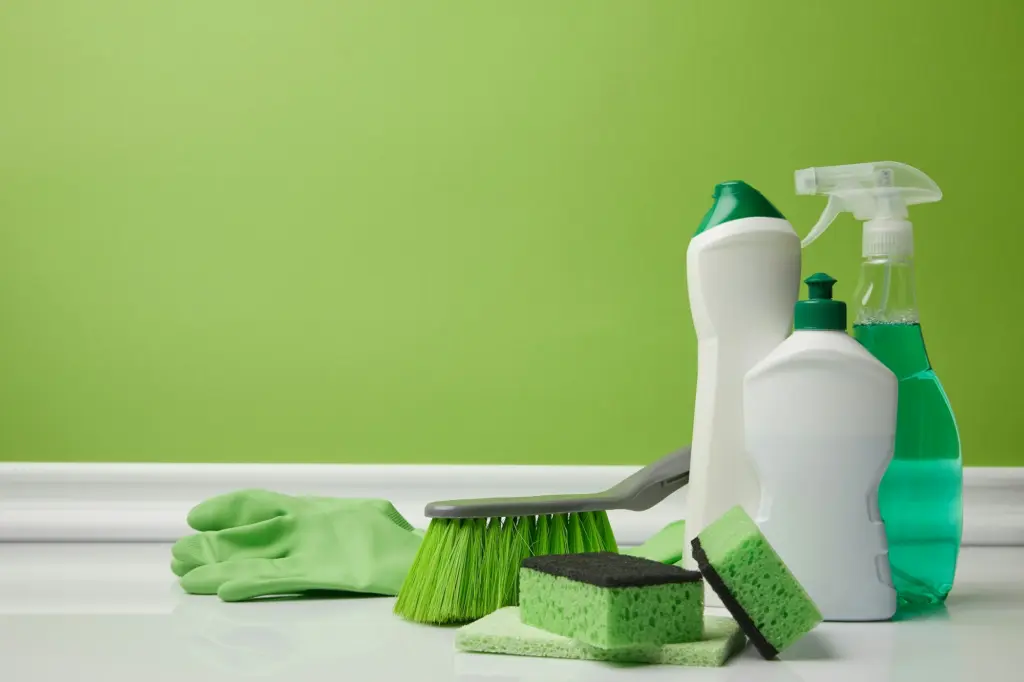 brush and domestic supplies for spring cleaning on green