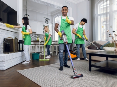 Four multicultural janitors doing cleaning at room