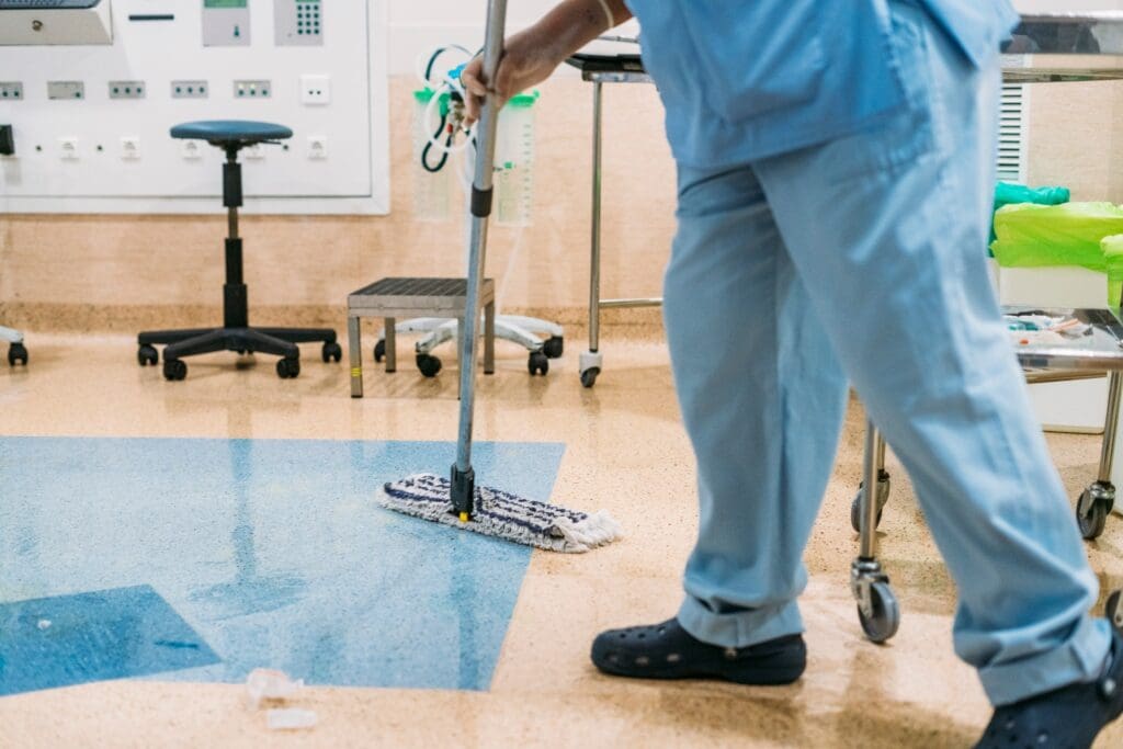 Concept photo of A hospital worker doing cleaning in operation room