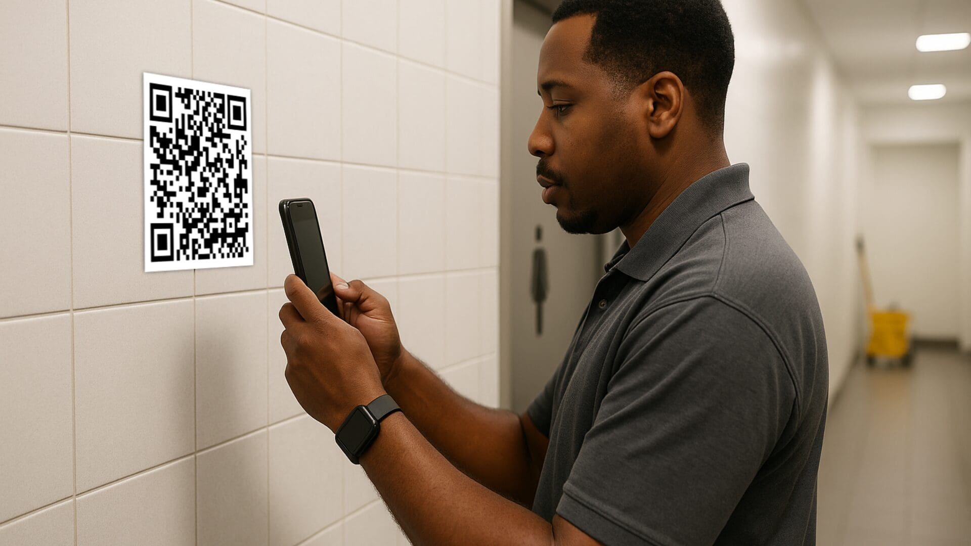 Man scanning QR code in hallway of Planned Companies Janitorial Services, Parsippany, NJ.