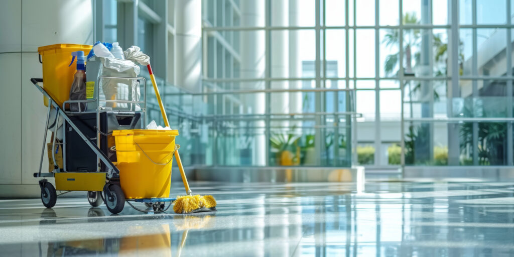 A cleaning cart with yellow buckets on the floor of an office building undergoing routine maintenance, copy space