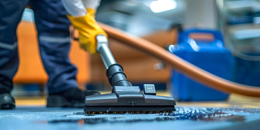 Experienced worker uses industrial vacuum for office cleaning in industrial services. Concept Industrial Cleaning, Vacuum Services, Office Maintenance, Experienced Worker, Industrial Services