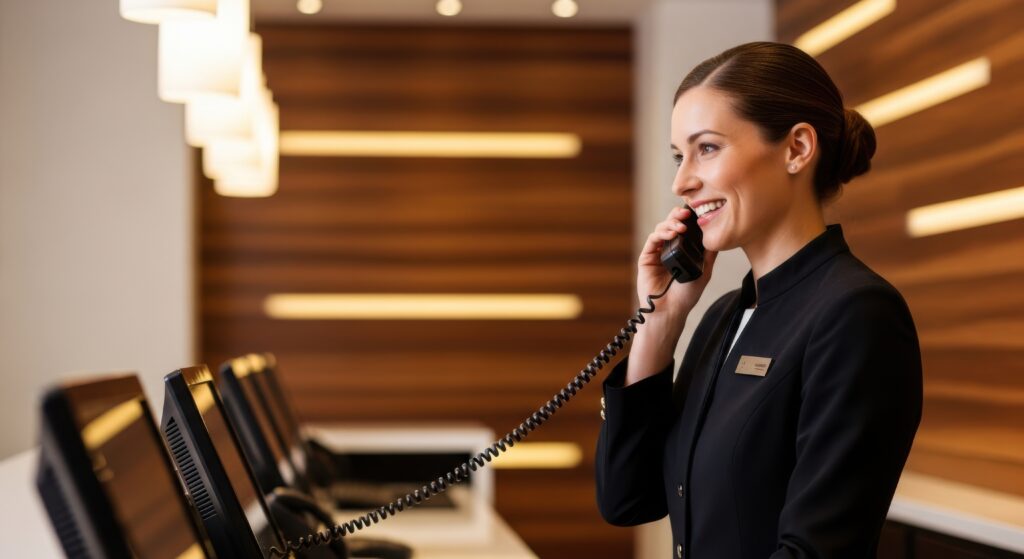 Friendly receptionist answering phone at hotel desk