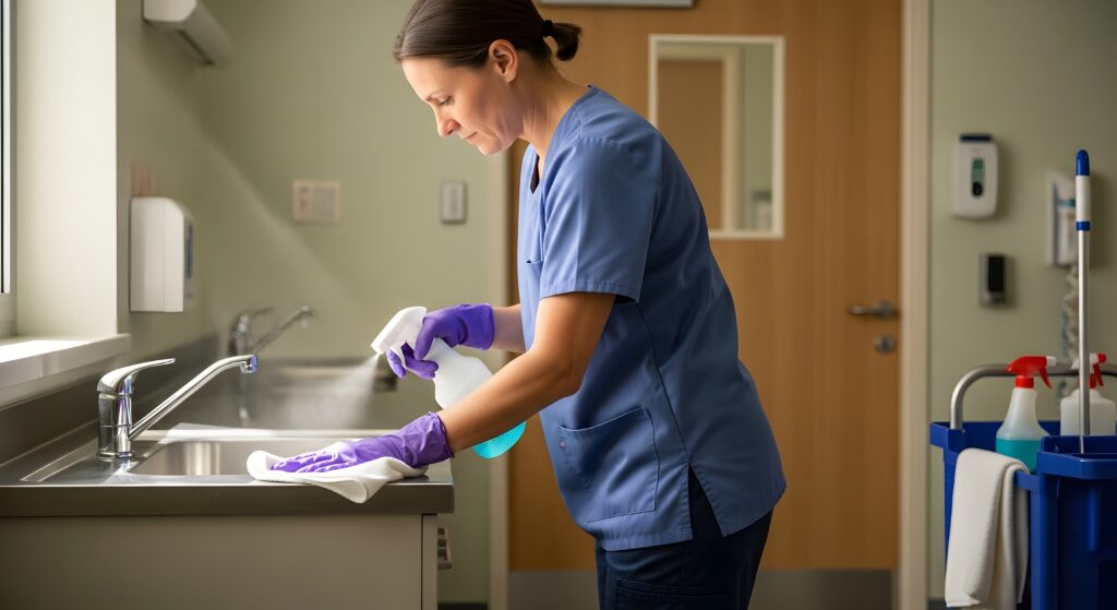 Healthcare worker disinfecting stainless steel sink in medical facility for hygiene