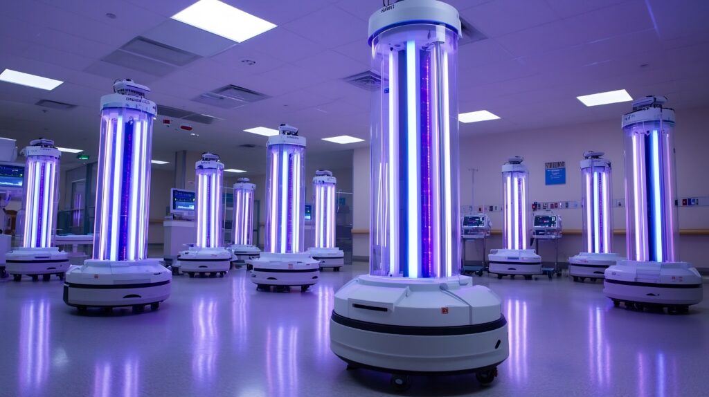 Innovative robotic systems equipped with advanced UV light technology to efficiently disinfect and sanitize hospitals medical facilities and public areas