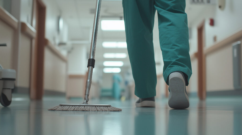 Janitorial Worker Cleaning Hospital Hallway
