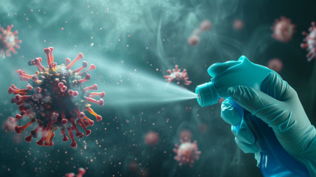 a hand using a disinfectant spray to eliminate bacteria and viruses from surfaces, promoting cleanliness and safety concept