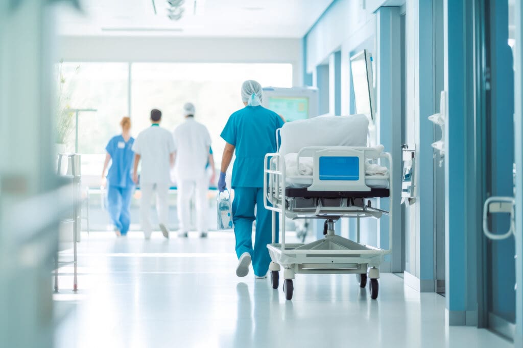 Doctors in hospital corridor. Nurses pushing gurney stretcher down hallway. Generative AI